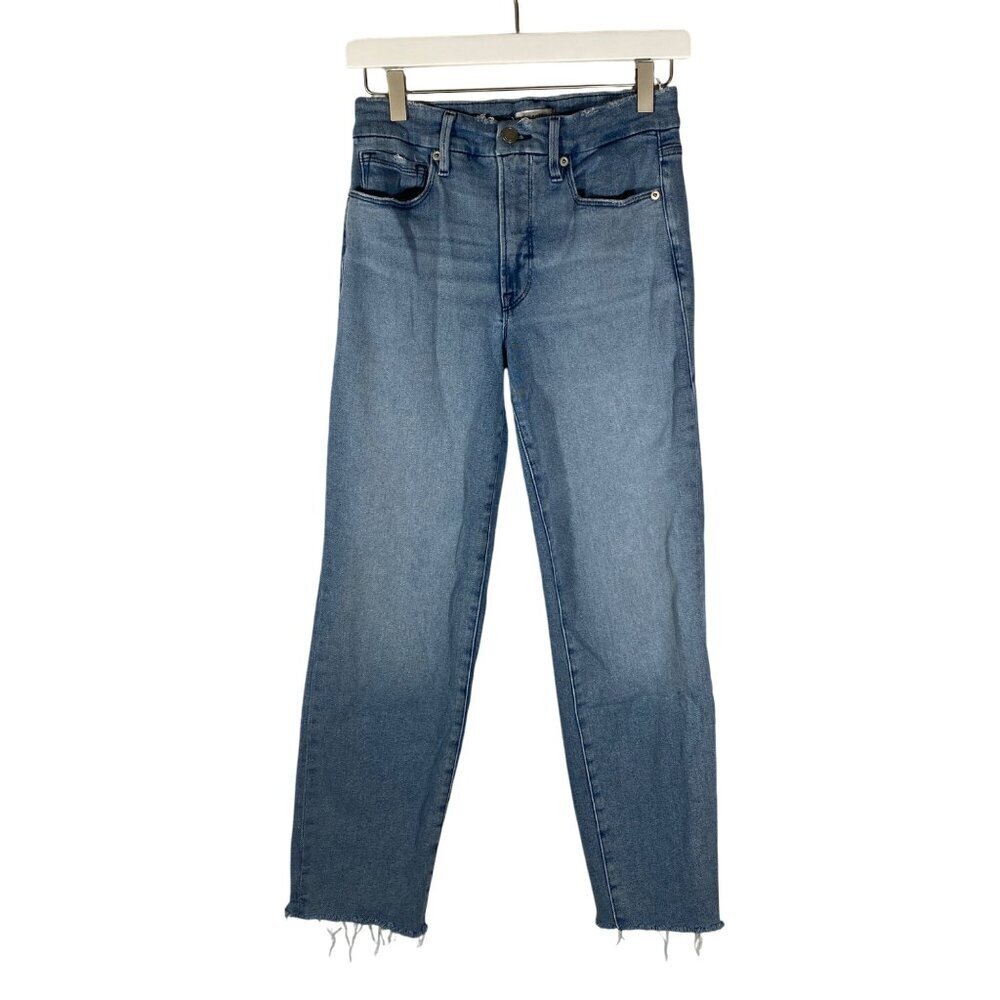 Good American Good Legs straight mid rise frayed hem & waist Sz 6 / 28 stretch - Picture 2 of 13